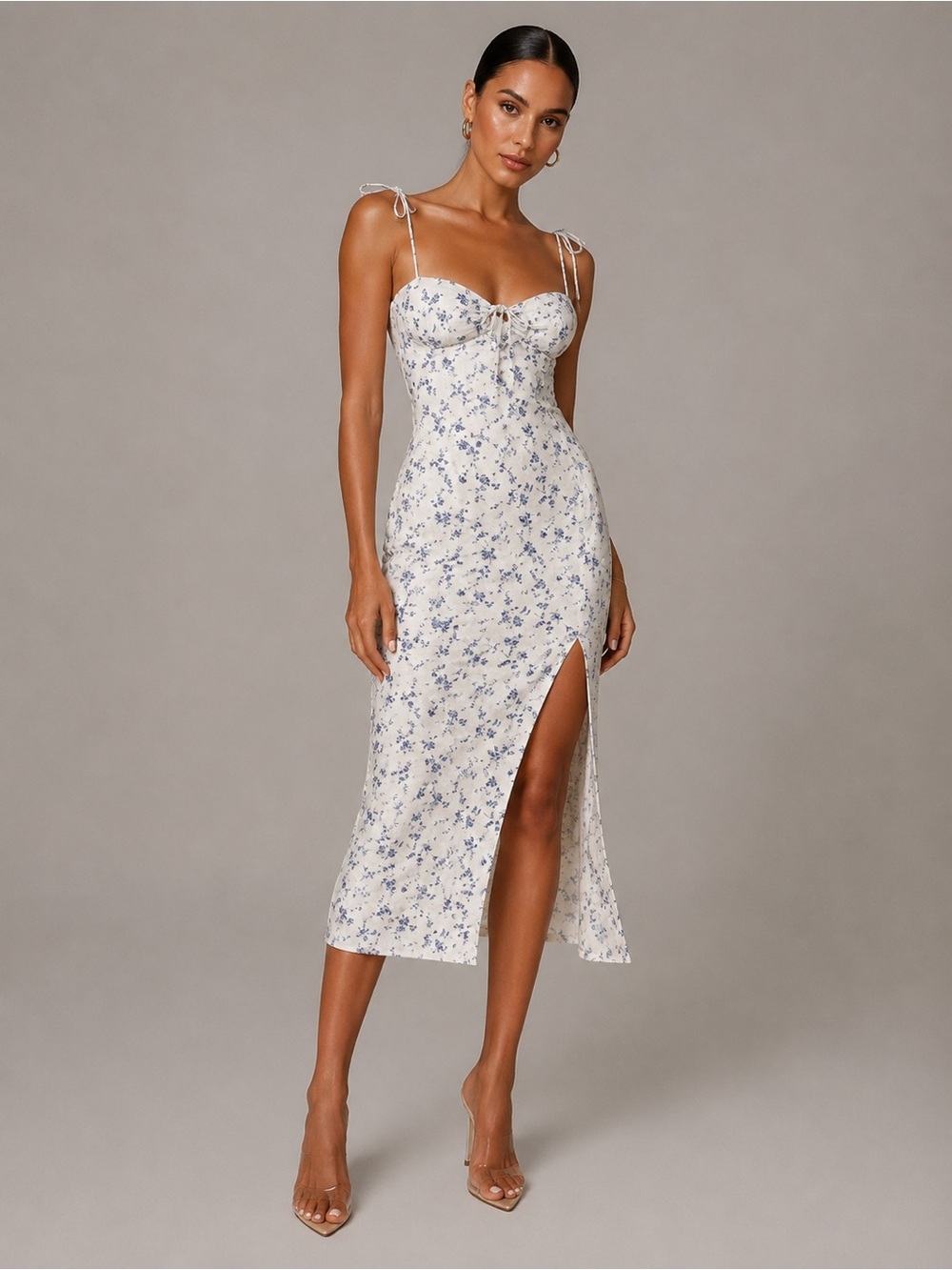 Reformation - Linen Floral White Slip Dress with Side Slit - Good Condition